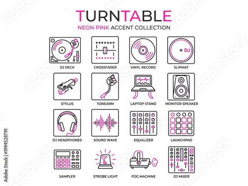 Comprehensive collection of neon pink and black line art turntable icons featuring DJ equipment and professional music production tools on a white background