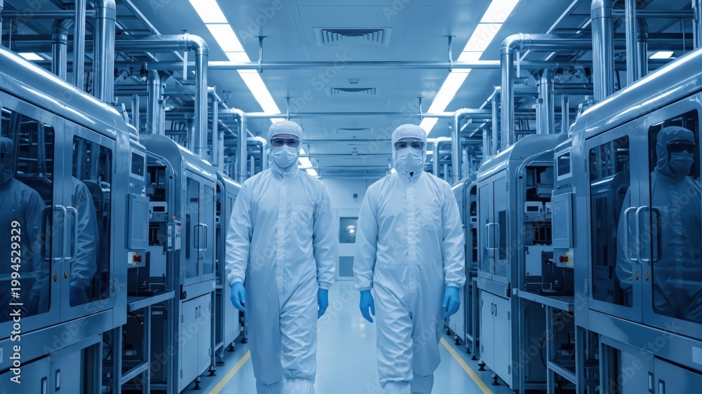 Fototapeta premium Two Male Technicians in Cleanroom Suits Working in High-Tech Facility