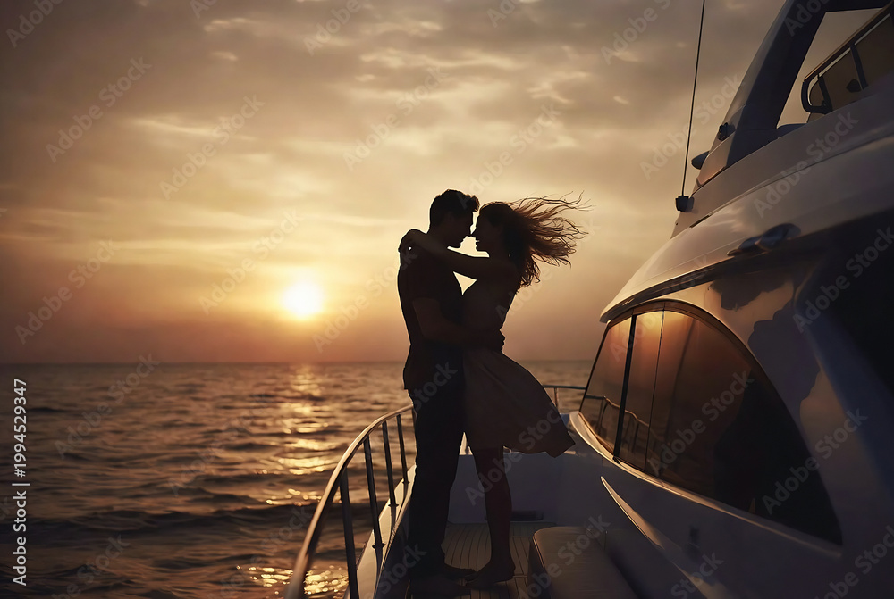 Fototapeta premium A couple embraces on a yacht at sunset.