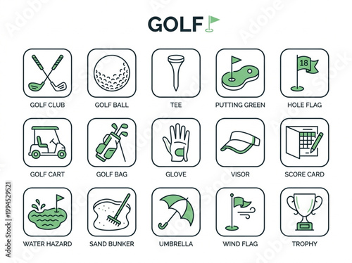 Comprehensive collection of green and black line art golf icons representing sports equipment and golf course elements on a white background