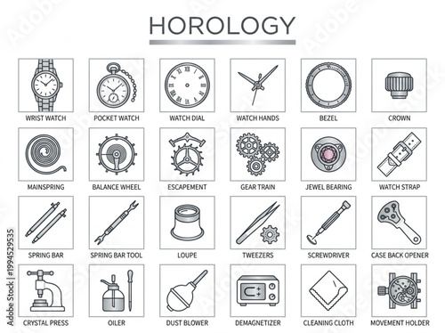 Comprehensive collection of grey and orange line art horology icons featuring watchmaker tools and mechanical timepiece components