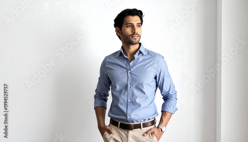 Young man in blue shirt standing.