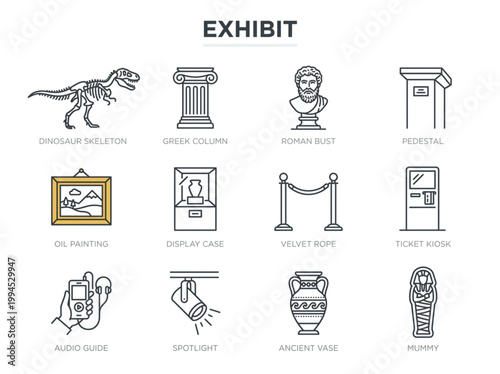Comprehensive collection of minimalist museum exhibit icons featuring historical artifacts and gallery display elements on a white background