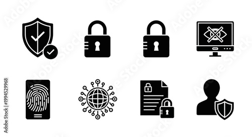 Cyber Security Icons: Shield, Padlock, Fingerprint, Network, Document, User, Monitor