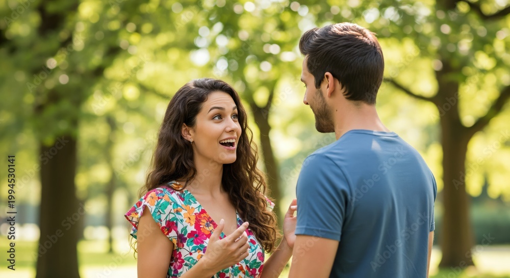 Obraz premium Happy Couple Sharing Joyful Conversations in a Green Park Setting