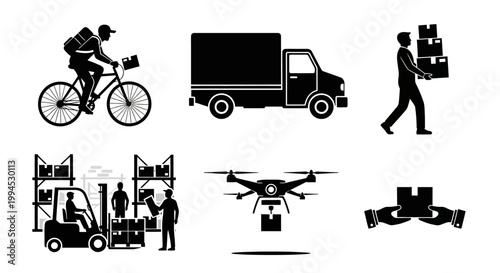 Delivery Services Icons: Bicycle, Truck, Drone, Forklift, Courier, Hands