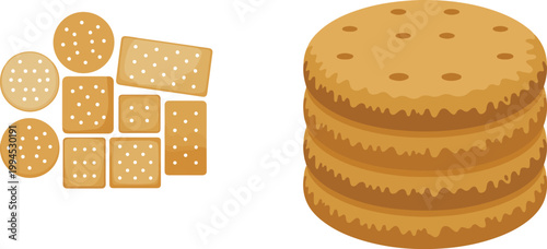 Cracker cookies stack vector illustration salty biscuit snacks group.