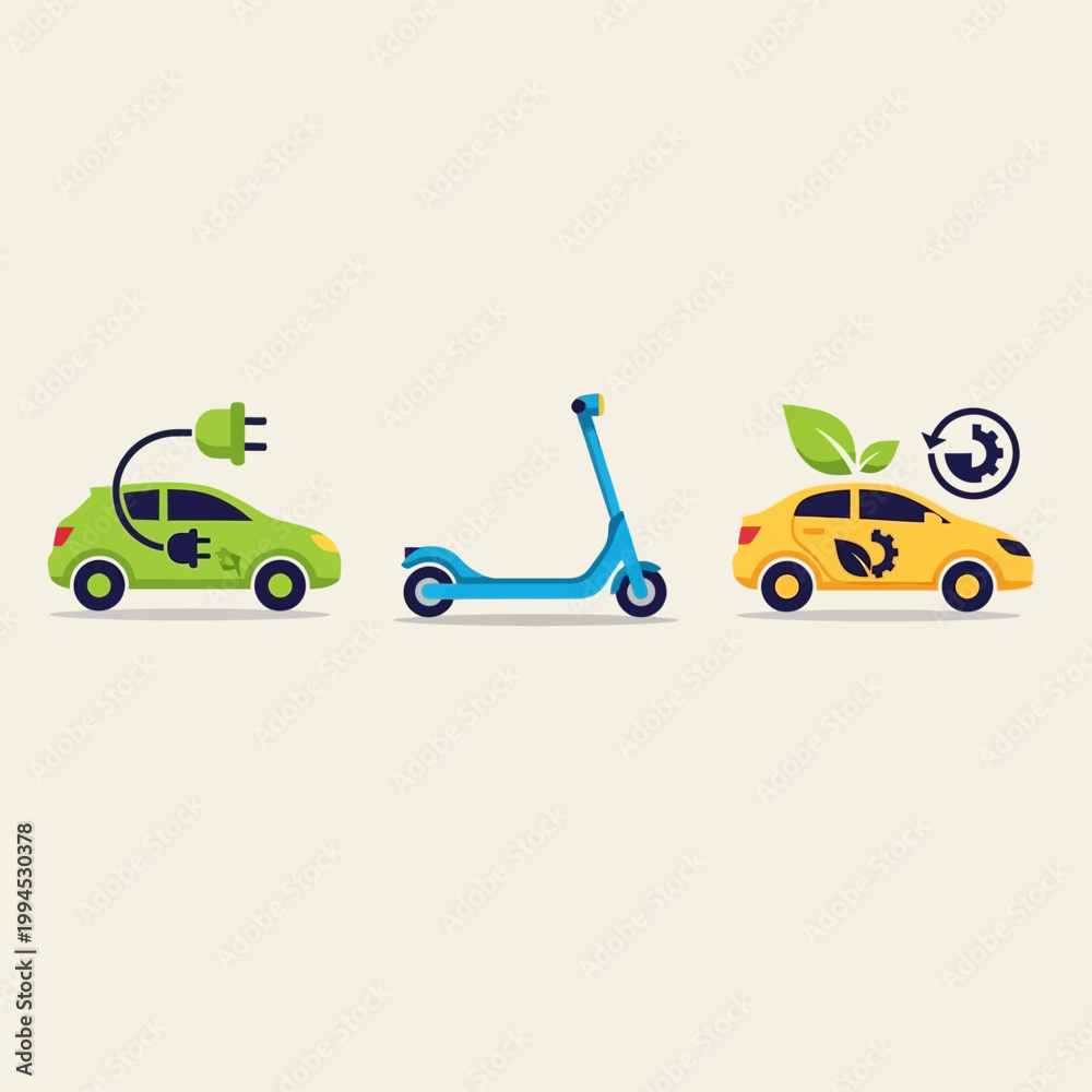 Fototapeta premium Eco-friendly transportation: electric car, scooter, and hybrid car