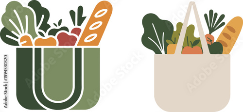 Reusable shopping bags filled with fresh groceries vector illustration.