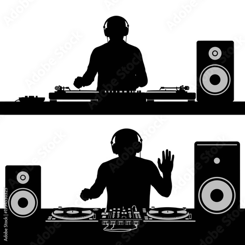 DJ silhouette with turntables and speakers, performing music at a party or club