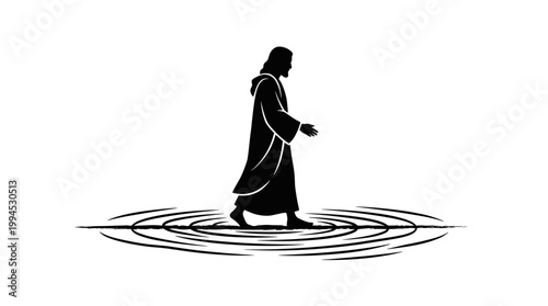 Silhouette of a figure walking across water, a symbol of faith and hope. The figure is depicted in a simple, elegant style, surrounded by ripples in the water