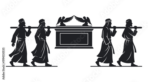 Ancient figures carrying a religious relic with stylized angels on top. Silhouetted figures in a traditional setting convey a sense of solemnity and historical narrative