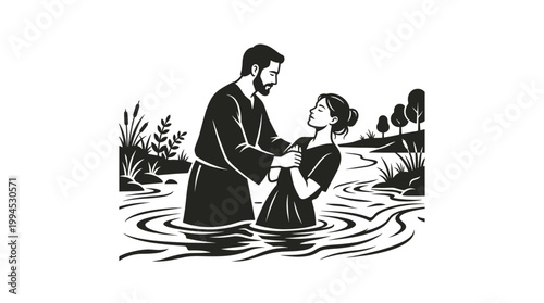 A serene depiction of a baptism scene, where an individual is being baptized in a river