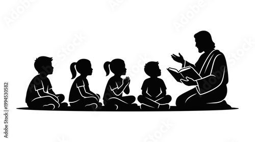 A silhouette depicting a teacher reading a book to four children. The children are listening attentively. This image represents the importance of education and storytelling