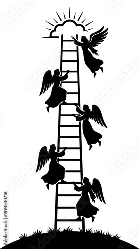 Angels ascend a ladder reaching for the sky. This symbolic image evokes themes of spirituality, ascension, and aspiration