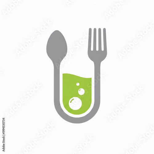 Fork spoon icon with green leaf and white droplet shapes for eco friendly kitchen branding design featuring sustainability, water droplets, nature