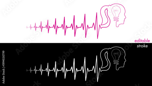 Editable cardiogram monitor, cardio diagnosis, woman head, lightbul vector. Heart rhythm line vector design to use for healthcare, healthy lifestyle, medical strategy, medical business, medical care. 