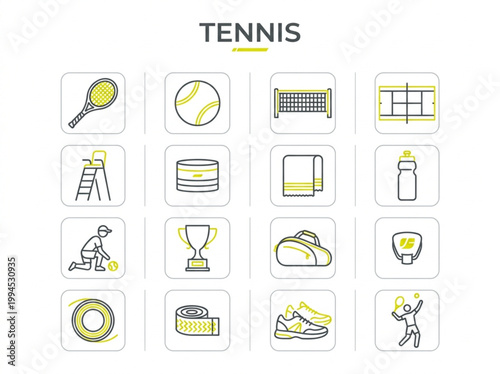 Comprehensive collection of yellow and grey line art tennis icons representing sports equipment and court accessories