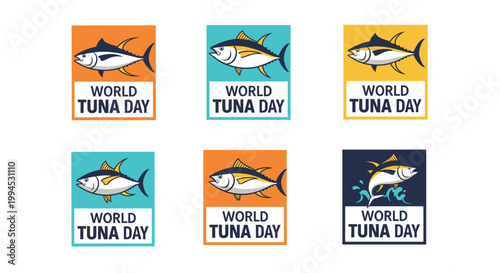 Colorful vector illustrations celebrating world tuna day, featuring stylized tuna fish designs within vibrant rectangular frames, suitable for promotional materials and