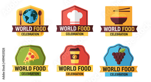 Colorful world food celebration badges with globe, chef hat, noodles, pizza slice, coffee cup, and grapes, arranged on white, suitable for culinary events, restaurant branding,