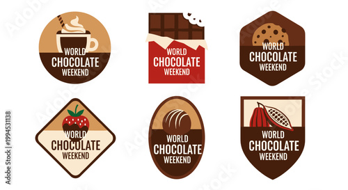 Delicious chocolate emblems design, featuring a coffee cup with whipped cream, chocolate bar, cookie, strawberry, truffle, and cocoa pod. these vibrant illustrations celebrate