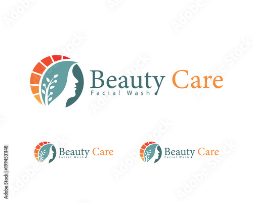 beauty care logo creative salon hair natural sun design concept facial wash