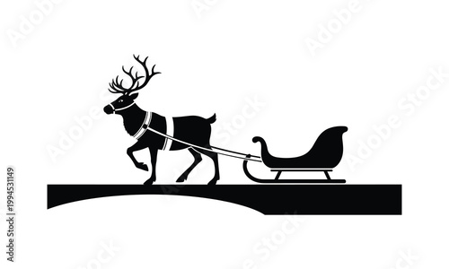 Reindeer pulling christmas sleigh silhouette vector illustration over bridge with line art.