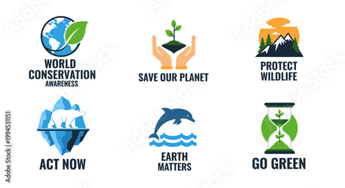 Eco-conscious icons showcasing environmental protection, conservation, and sustainability in vibrant green, blue, and orange hues, representing earth's health, wildlife