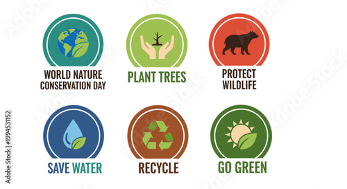 Eco-friendly circular emblems showcasing environmental awareness, featuring earth, trees, bear, water droplet, recycling symbol, and sun, rendered in vibrant green, blue, brown,
