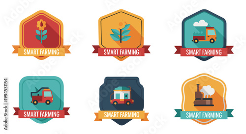 Modern flat design vector icons showcasing smart farming concepts with vibrant colors and clean lines, depicting agricultural automation and technology.