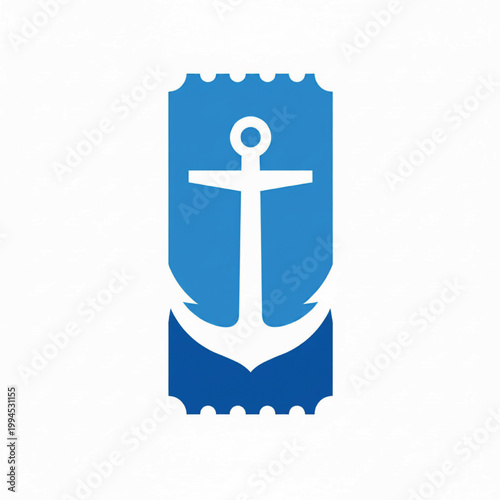 Anchor shipping icon on blue postage stamp design with white nautical symbol for maritime branding featuring port, seafaring, seaport with logo and