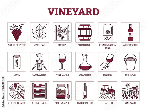 Detailed collection of two-tone vector line-art icons for vineyard operations and wine production, presented in a clean grid