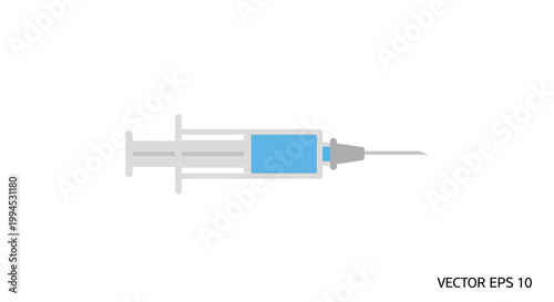 Medical Syringe with Blue Liquid, Flat Design Icon, Isolated on White Background