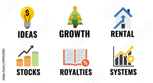 Financial concepts represented by simple flat icons: ideas, growth, rental, stocks, royalties, and systems, with a bright, clean color palette and clear typography.