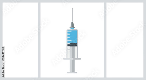 Medical Syringe with Blue Liquid and Needle on White Background, Vaccination Concept