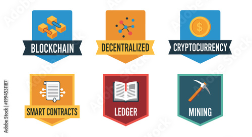 Modern flat vector icons representing blockchain, decentralized networks, cryptocurrency, smart contracts, digital ledger, and mining with clean lines and vibrant colors for tech