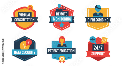 Modern medical service badges featuring virtual consultation, remote monitoring, e-prescribing, data security, patient education, and 24/7 support in a vibrant orange, red, and
