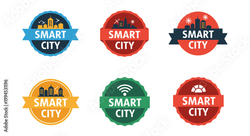 Modern smart city emblems featuring clean line buildings, vibrant color palettes, and scalable design elements for urban technology concepts.