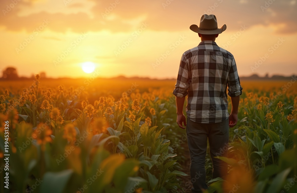 Fototapeta premium Man wearing cowboy hat walks through golden soybean field at sunset. Farmer surveys crop at dusk. Agriculture landscape at golden hour. Rural farm scene.