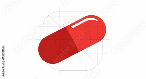 Red capsule icon with blueprint grid and geometric shapes, healthcare and medicine concept