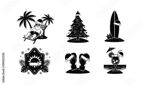 Summer christmas holiday collection with tropical santa claus and palm trees illustration.