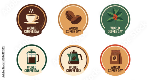 Set of six circular world coffee day emblems in a flat vector style, showcasing a steaming cup, coffee beans, plant, french press, kettle, and a coffee bag, all on a white