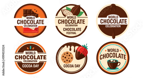 Set of six circular vector illustrations celebrate world chocolate day and cocoa day, featuring chocolate bars, cocoa beans, dripping chocolate, cookies, strawberries, and coffee