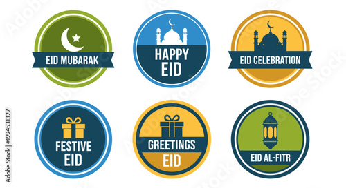 Set of six colorful circular eid badges, featuring mosque silhouettes, crescent moons, gift boxes, and lanterns, with ribbon banners conveying festive greetings and celebrations,