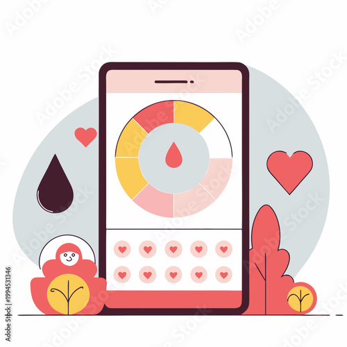 period tracking app dashboard with menstrual cycle calendar and health icons