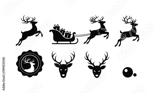 Reindeer sleigh and antlers vector silhouette illustration collection.
