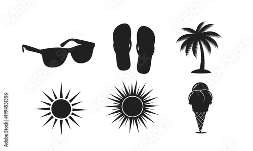 Summer vacation icons set, beach holidays line art vector silhouette illustration.