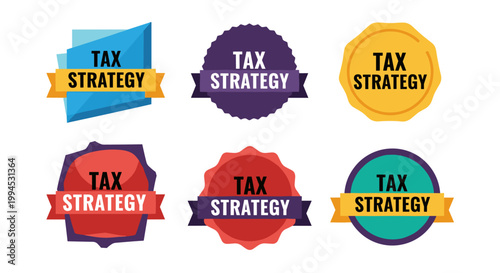 Set of six colorful geometric badges and emblems featuring the text 'tax strategy' in clean, scalable vector graphics for financial planning and business solutions.