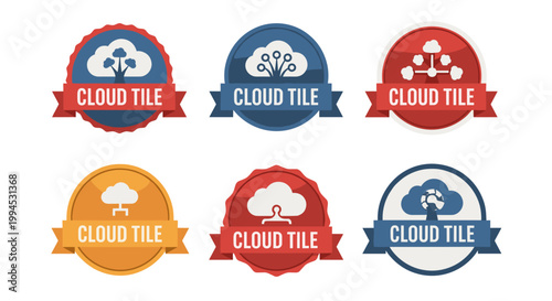 Set of six distinct cloud computing emblems featuring clean lines, scalable shapes, and a vibrant color palette of red, blue, and orange, perfect for technology branding and