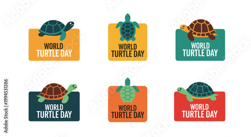 Set of six colorful turtle illustrations for world turtle day, each perched atop a vibrant rectangular sign, showcasing diverse shell patterns and shades of green, brown, and